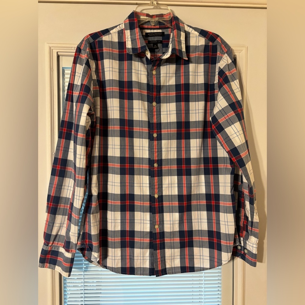 Banana Republic Men's Plaid Button-Down Shirt - Navy, White & Red 🇺🇸